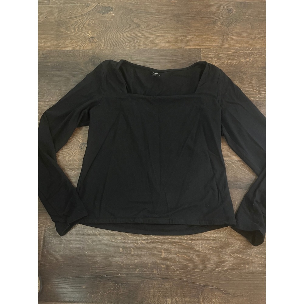 Express Womens Black Square Neck Long Sleeve Top Cotton Modal Spandex Size L